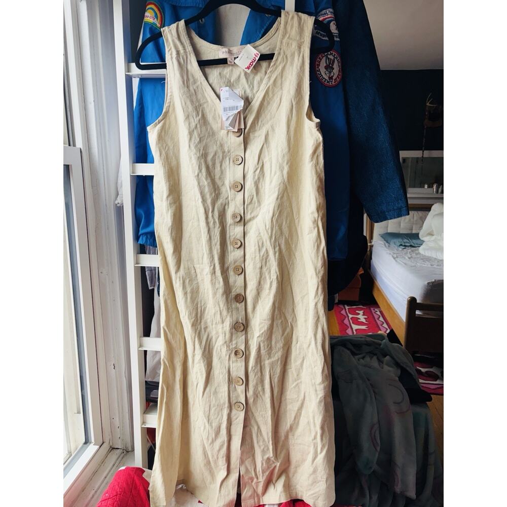 Philosophy Republic Clothing Beige Linen Blend‎ Midi Dress Size 10 Button Up NWT